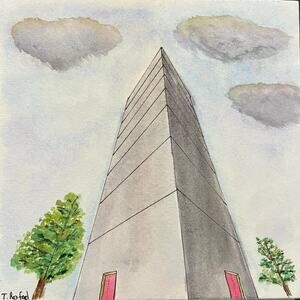 Hand painted watercolor original painting view up building